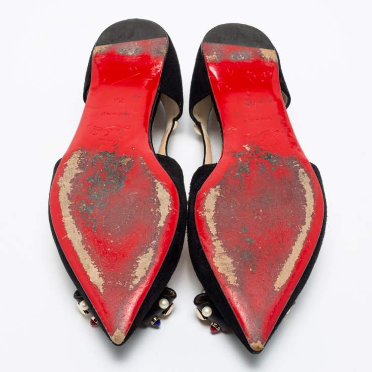 Pre Owned Christian Louboutin Black Suede Tudor Young Embellished Cut Out Pointed Toe Flats Size 36