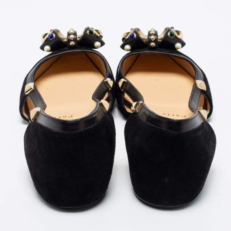 Pre Owned Christian Louboutin Black Suede Tudor Young Embellished Cut Out Pointed Toe Flats Size 36
