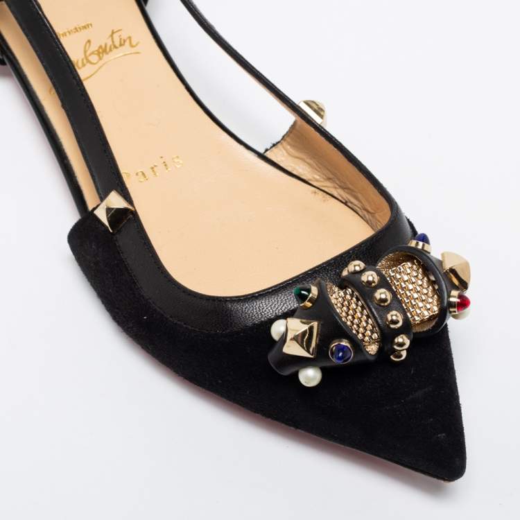 Pre Owned Christian Louboutin Black Suede Tudor Young Embellished Cut Out Pointed Toe Flats Size 36