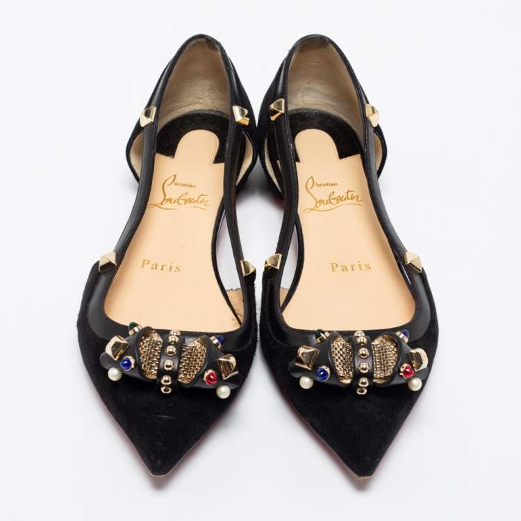 Pre Owned Christian Louboutin Black Suede Tudor Young Embellished Cut Out Pointed Toe Flats Size 36