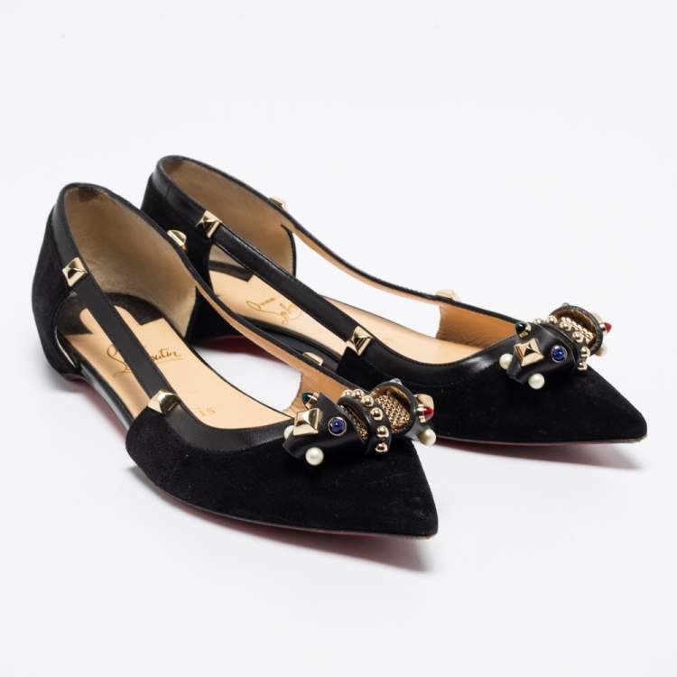 Pre Owned Christian Louboutin Black Suede Tudor Young Embellished Cut Out Pointed Toe Flats Size 36
