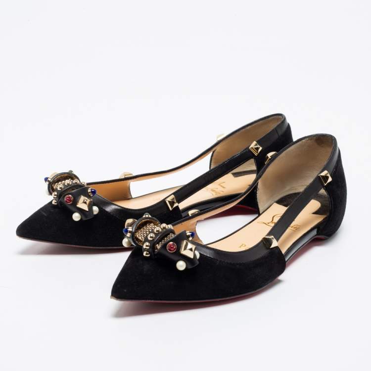 Pre Owned Christian Louboutin Black Suede Tudor Young Embellished Cut Out Pointed Toe Flats Size 36