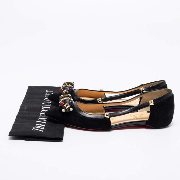 Pre Owned Christian Louboutin Black Suede Tudor Young Embellished Cut Out Pointed Toe Flats Size 36
