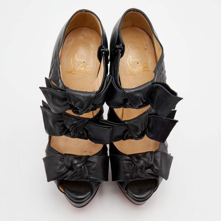 Pre Owned Christian Louboutin Black Leather Madame Butterfly Platform Booties Size 37