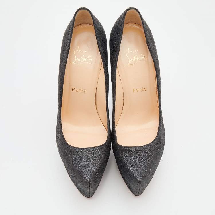 Pre Owned Christian Louboutin Black Glitter Daffodile Platform Pumps Size 38