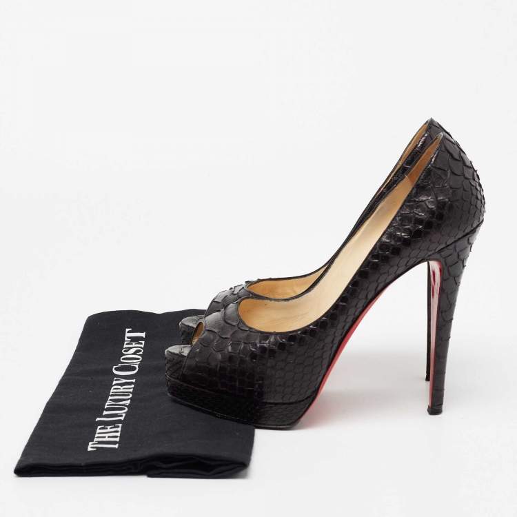 Pre Owned Christian Louboutin Black Python Lady Peep-Toe Platform Pumps Size 38
