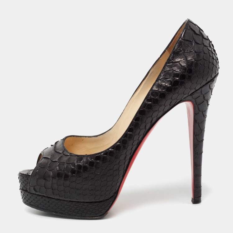 Pre Owned Christian Louboutin Black Python Lady Peep-Toe Platform Pumps Size 38