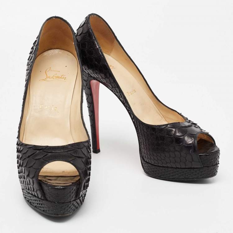 Pre Owned Christian Louboutin Black Python Lady Peep-Toe Platform Pumps Size 38