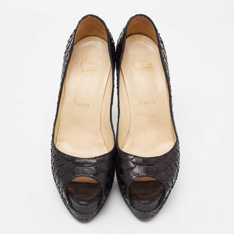 Pre Owned Christian Louboutin Black Python Lady Peep-Toe Platform Pumps Size 38
