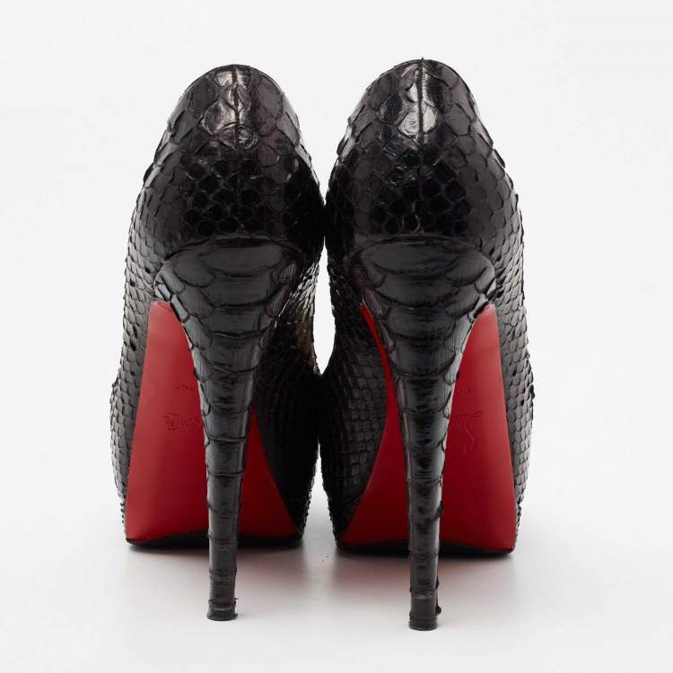 Pre Owned Christian Louboutin Black Python Lady Peep-Toe Platform Pumps Size 38