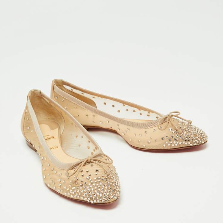مملوكة مسبقًا Christian Louboutin Beige Mesh And Leather Strass Patio Ballet Flats Size 36