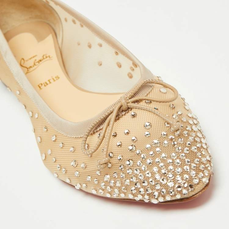 مملوكة مسبقًا Christian Louboutin Beige Mesh And Leather Strass Patio Ballet Flats Size 36