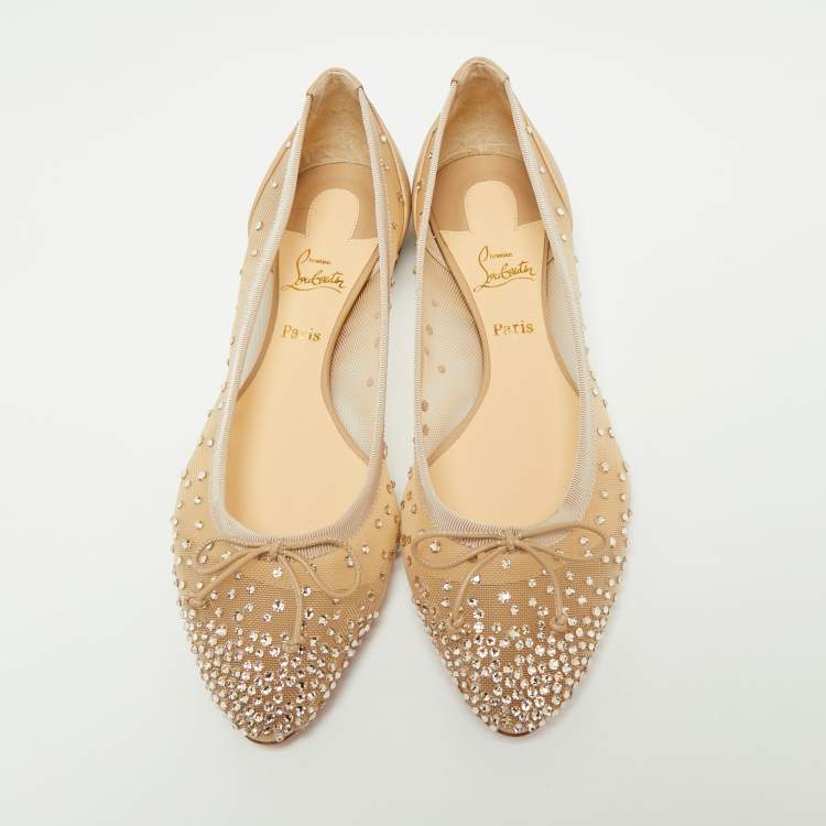مملوكة مسبقًا Christian Louboutin Beige Mesh And Leather Strass Patio Ballet Flats Size 36