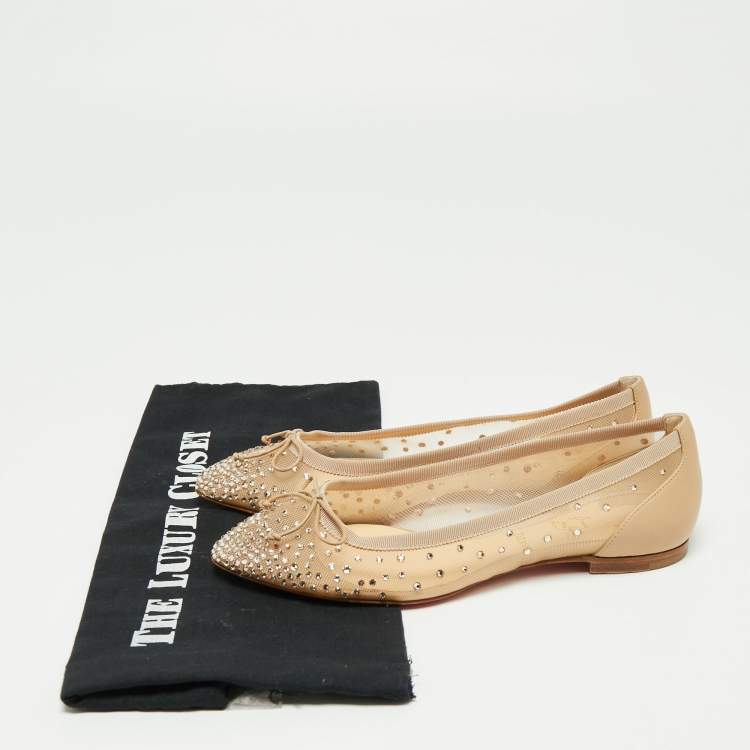 مملوكة مسبقًا Christian Louboutin Beige Mesh And Leather Strass Patio Ballet Flats Size 36