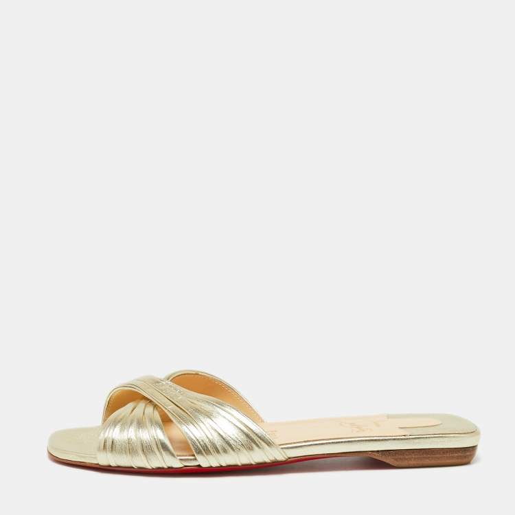 Pre Owned Christian Louboutin Metallic Gold Leather Nicol Flat Slides Size 36