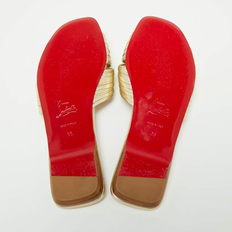 Pre Owned Christian Louboutin Metallic Gold Leather Nicol Flat Slides Size 36