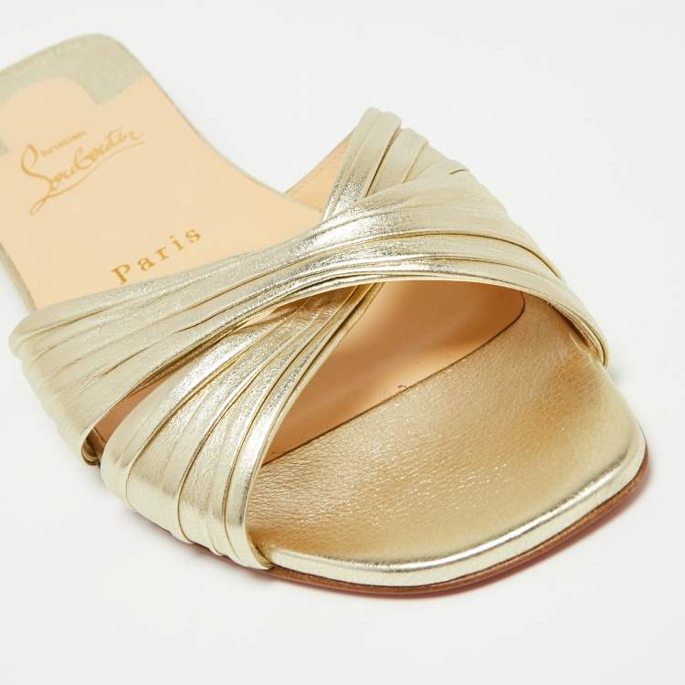 Pre Owned Christian Louboutin Metallic Gold Leather Nicol Flat Slides Size 36