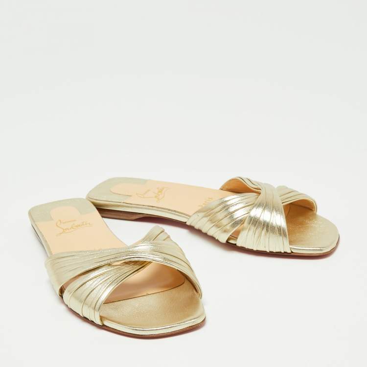 Pre Owned Christian Louboutin Metallic Gold Leather Nicol Flat Slides Size 36
