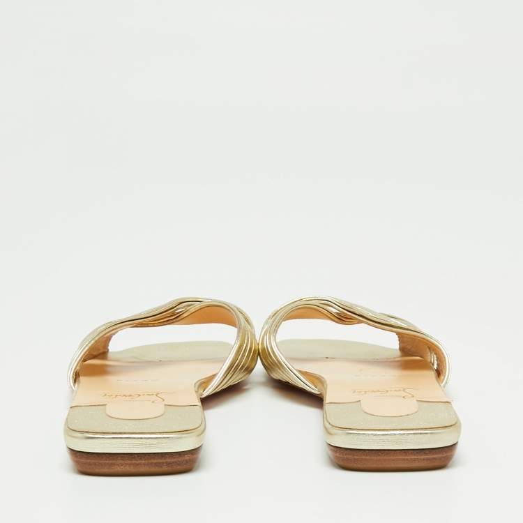 Pre Owned Christian Louboutin Metallic Gold Leather Nicol Flat Slides Size 36