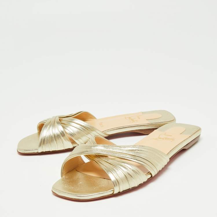 Pre Owned Christian Louboutin Metallic Gold Leather Nicol Flat Slides Size 36
