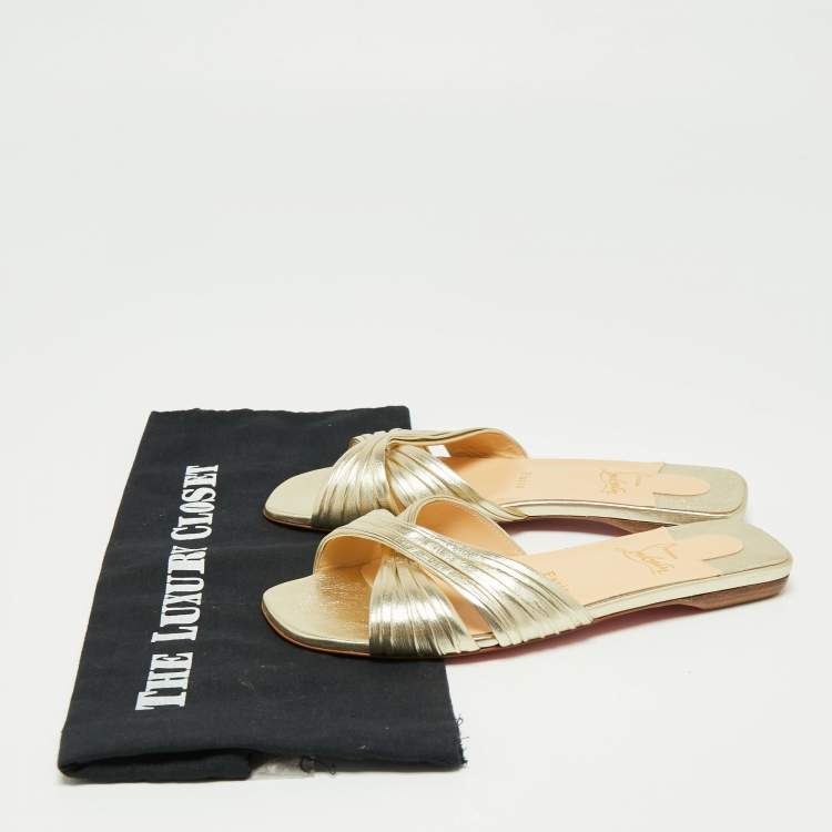 Pre Owned Christian Louboutin Metallic Gold Leather Nicol Flat Slides Size 36