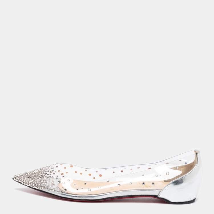 Pre Owned Christian Louboutin Metallic Silver Leather and PVC Degrastrass Pointed-Toe Ballet Flats Size 36.5