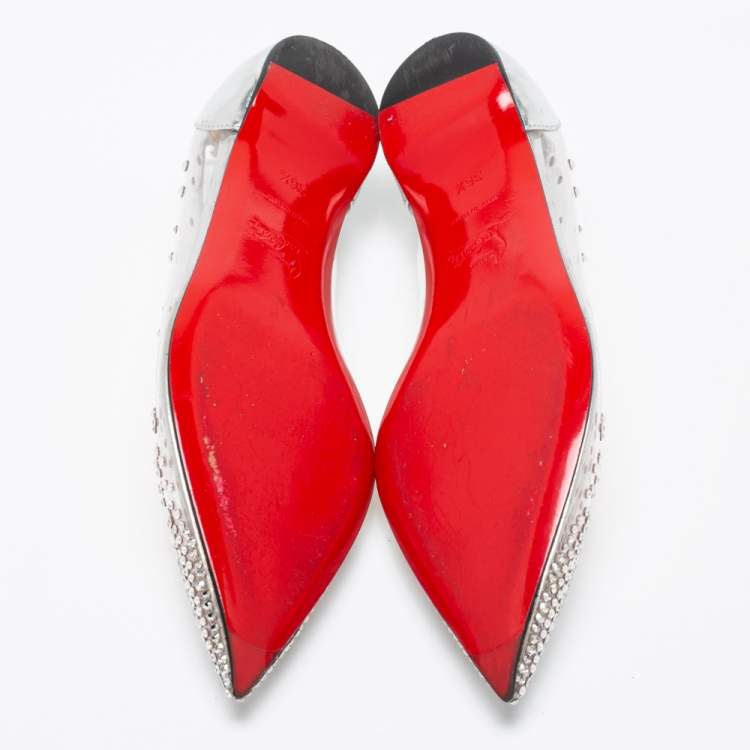 Pre Owned Christian Louboutin Metallic Silver Leather and PVC Degrastrass Pointed-Toe Ballet Flats Size 36.5