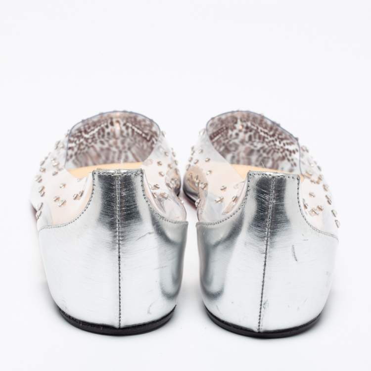 Pre Owned Christian Louboutin Metallic Silver Leather and PVC Degrastrass Pointed-Toe Ballet Flats Size 36.5