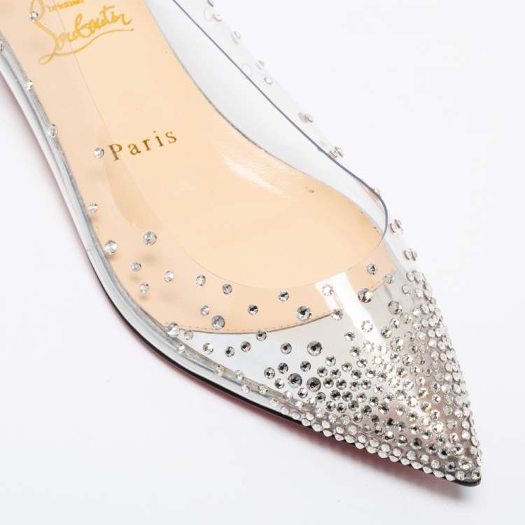 Pre Owned Christian Louboutin Metallic Silver Leather and PVC Degrastrass Pointed-Toe Ballet Flats Size 36.5