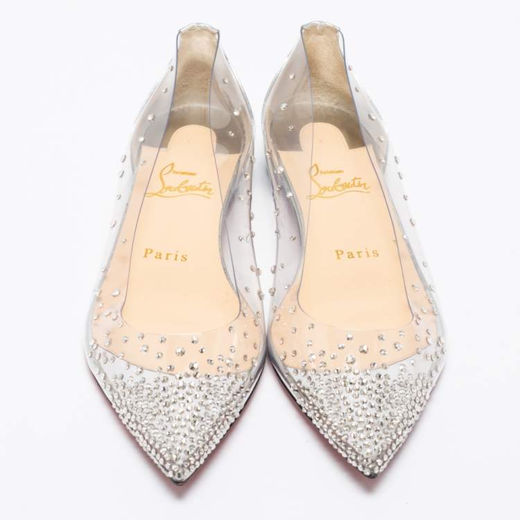 Pre Owned Christian Louboutin Metallic Silver Leather and PVC Degrastrass Pointed-Toe Ballet Flats Size 36.5