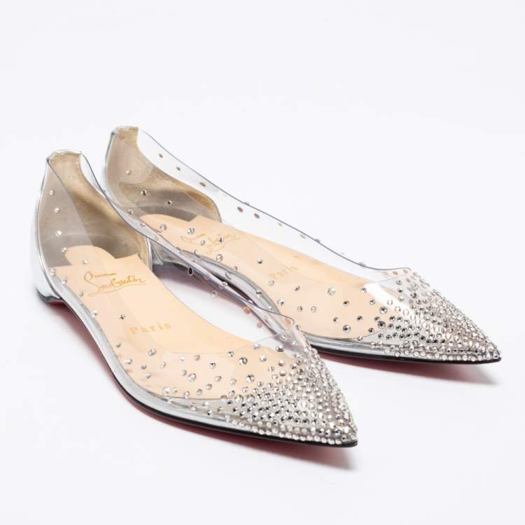 Pre Owned Christian Louboutin Metallic Silver Leather and PVC Degrastrass Pointed-Toe Ballet Flats Size 36.5