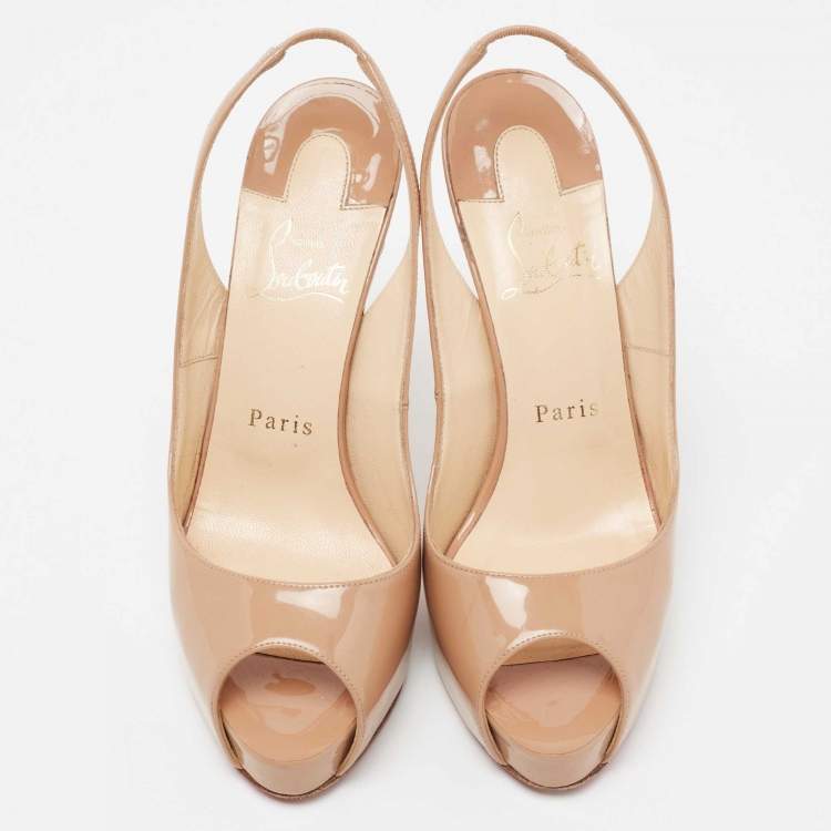 Pre Owned Christian Louboutin Beige Patent Leather No Prive Slingback Sandals Size 37