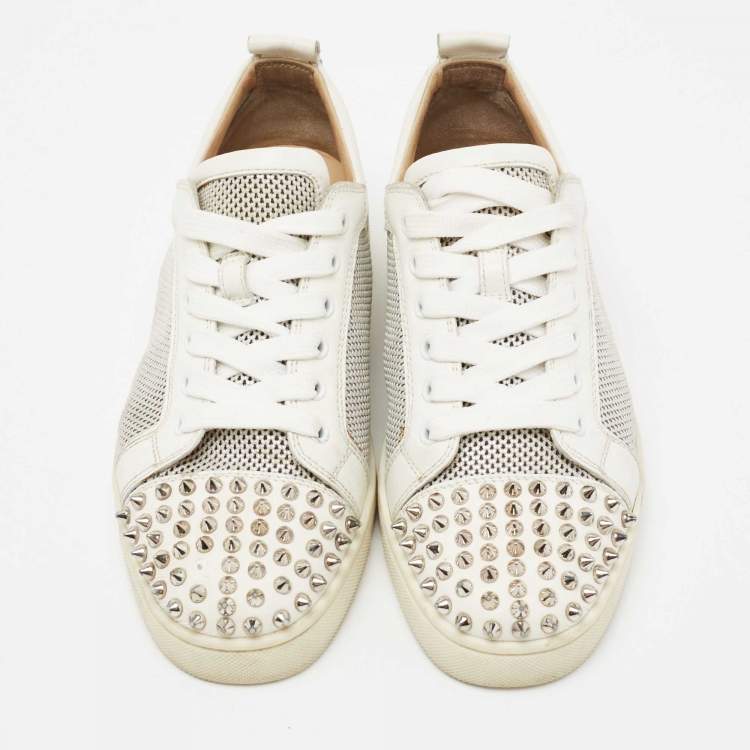 Pre Owned Christian Louboutin White/Grey Leather And Mesh Louis Junior Spike Sneakers Size 39.5