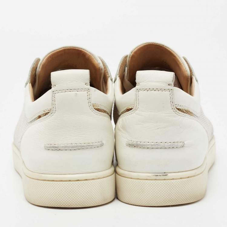 Pre Owned Christian Louboutin White/Grey Leather And Mesh Louis Junior Spike Sneakers Size 39.5