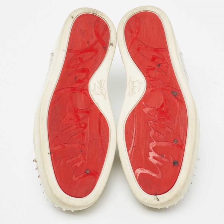Pre Owned Christian Louboutin White/Grey Leather And Mesh Louis Junior Spike Sneakers Size 39.5