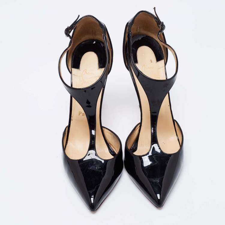 Pre Owned Christian Louboutin Black Patent Leather J String T-Strap Pumps Size 39.5