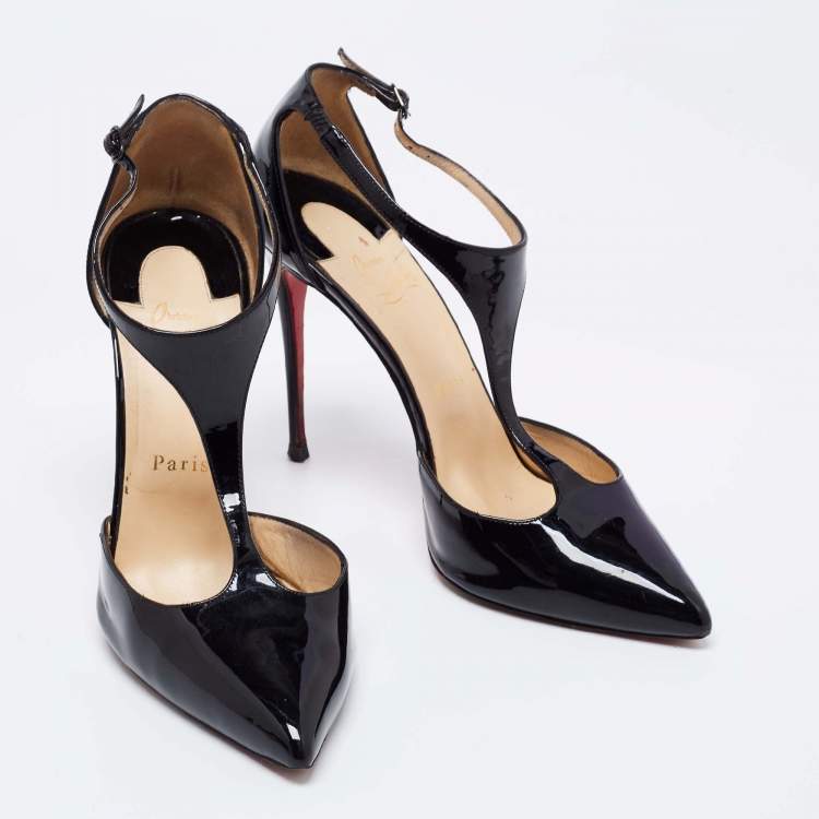 Pre Owned Christian Louboutin Black Patent Leather J String T-Strap Pumps Size 39.5
