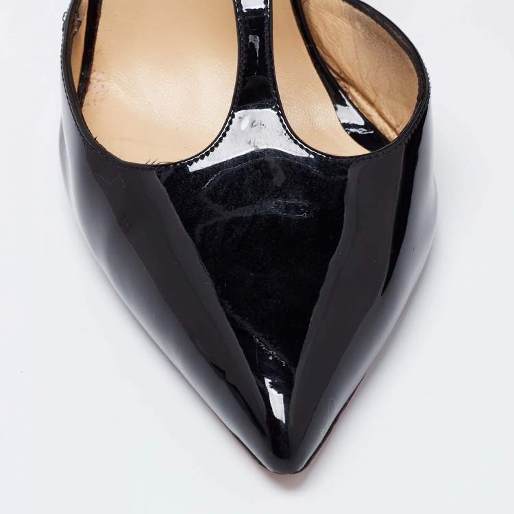 Pre Owned Christian Louboutin Black Patent Leather J String T-Strap Pumps Size 39.5