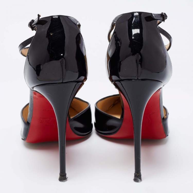 Pre Owned Christian Louboutin Black Patent Leather J String T-Strap Pumps Size 39.5