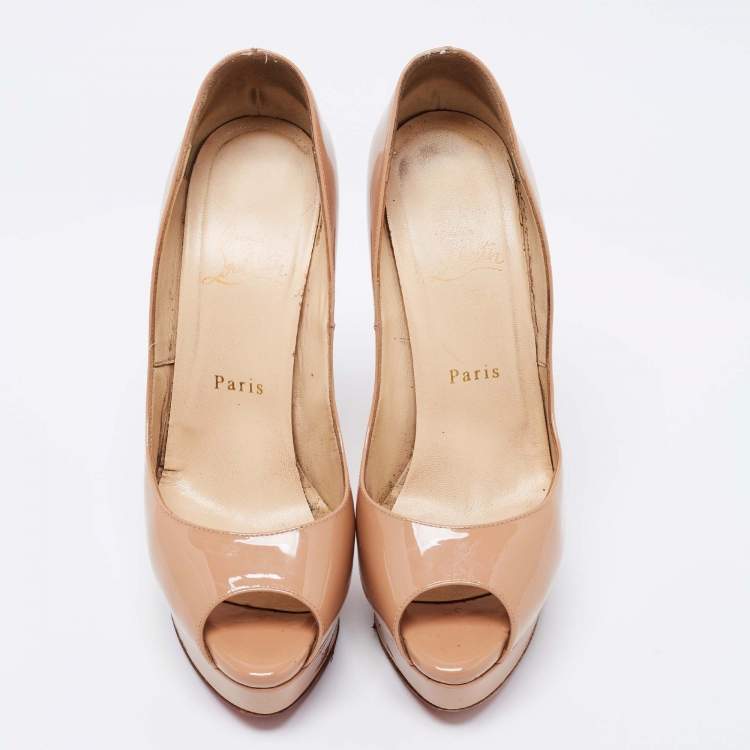 Pre Owned Christian Louboutin Beige Patent Leather Lady Peep-Toe Platform Pumps Size 39