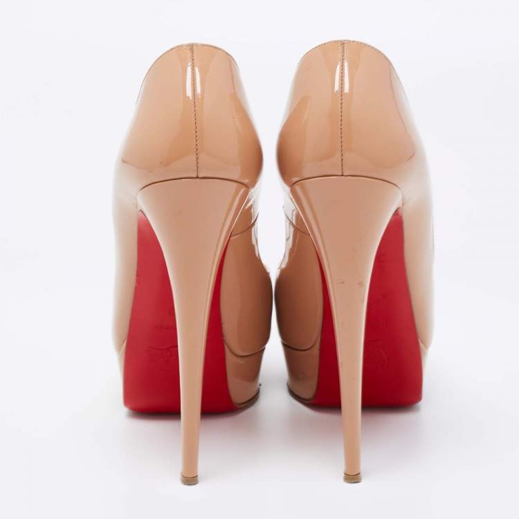 Pre Owned Christian Louboutin Beige Patent Leather Lady Peep-Toe Platform Pumps Size 39
