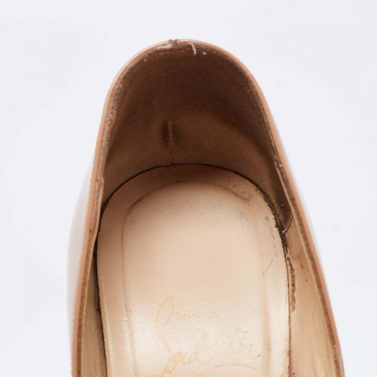 Pre Owned Christian Louboutin Beige Patent Leather Lady Peep-Toe Platform Pumps Size 39