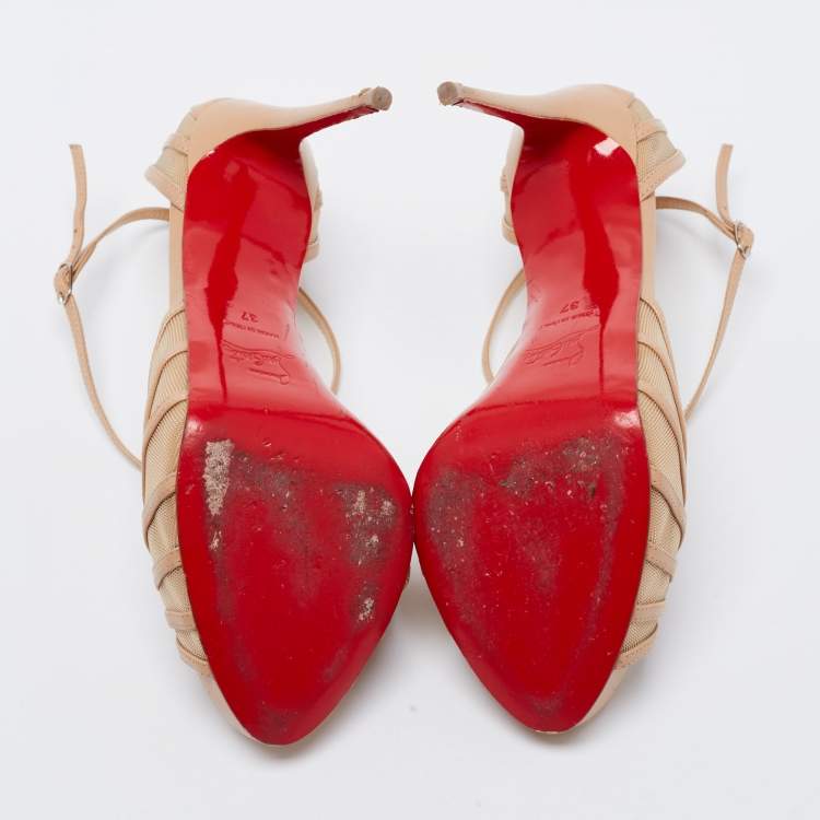 Pre Owned Christian Louboutin Beige Leather and Mesh Filamenta Platform Sandals Size 37