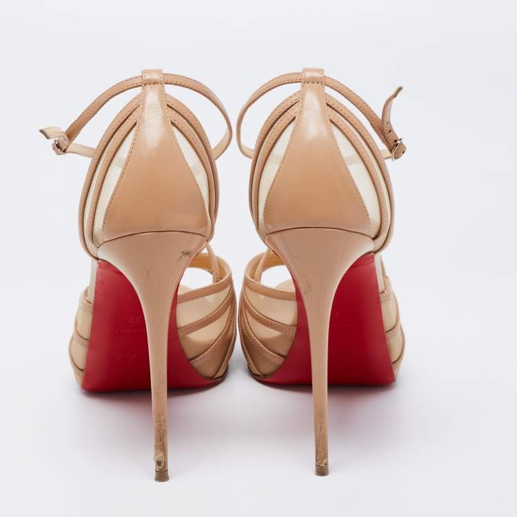 Pre Owned Christian Louboutin Beige Leather and Mesh Filamenta Platform Sandals Size 37