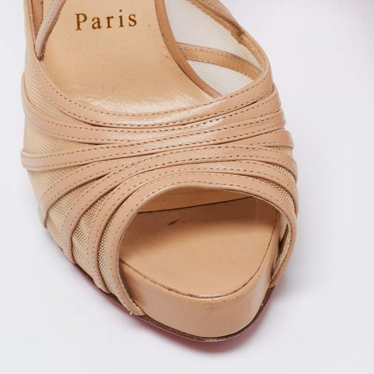 Pre Owned Christian Louboutin Beige Leather and Mesh Filamenta Platform Sandals Size 37