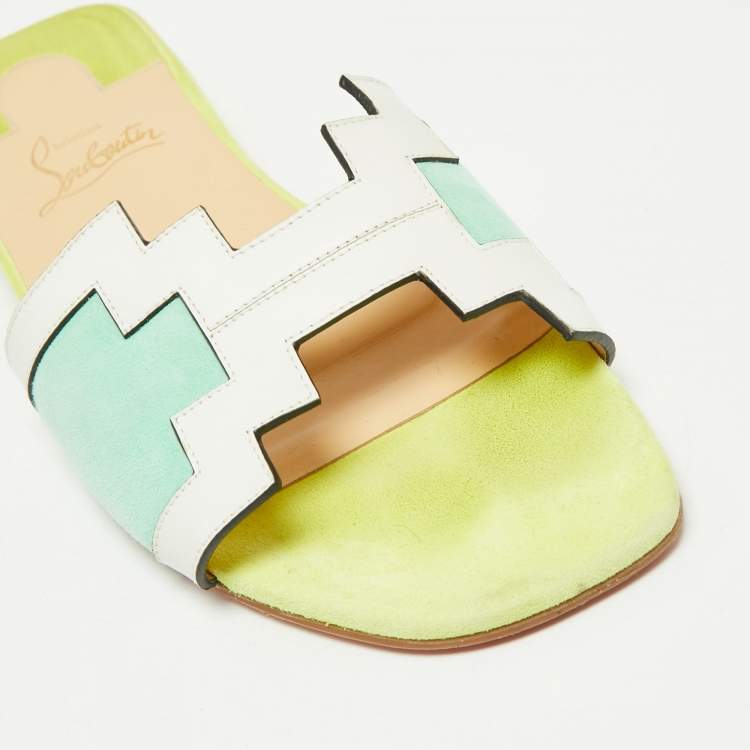 Pre Owned Christian Louboutin Tri Color Leather and Suede Hao Flat Slides Size 37