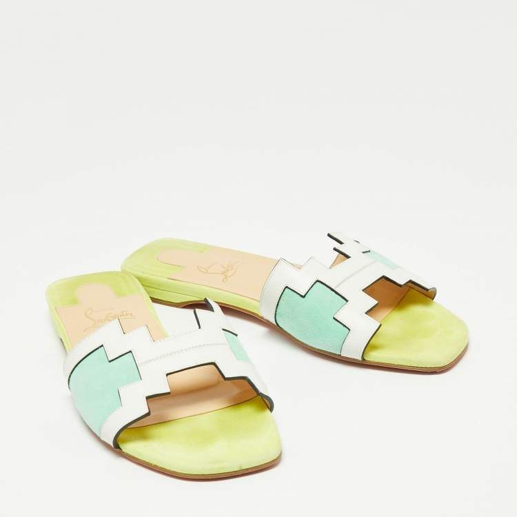 Pre Owned Christian Louboutin Tri Color Leather and Suede Hao Flat Slides Size 37