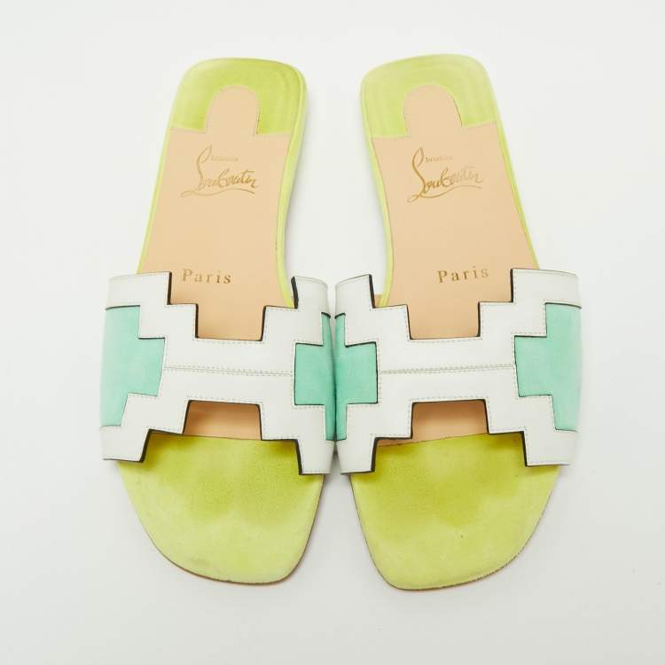 Pre Owned Christian Louboutin Tri Color Leather and Suede Hao Flat Slides Size 37