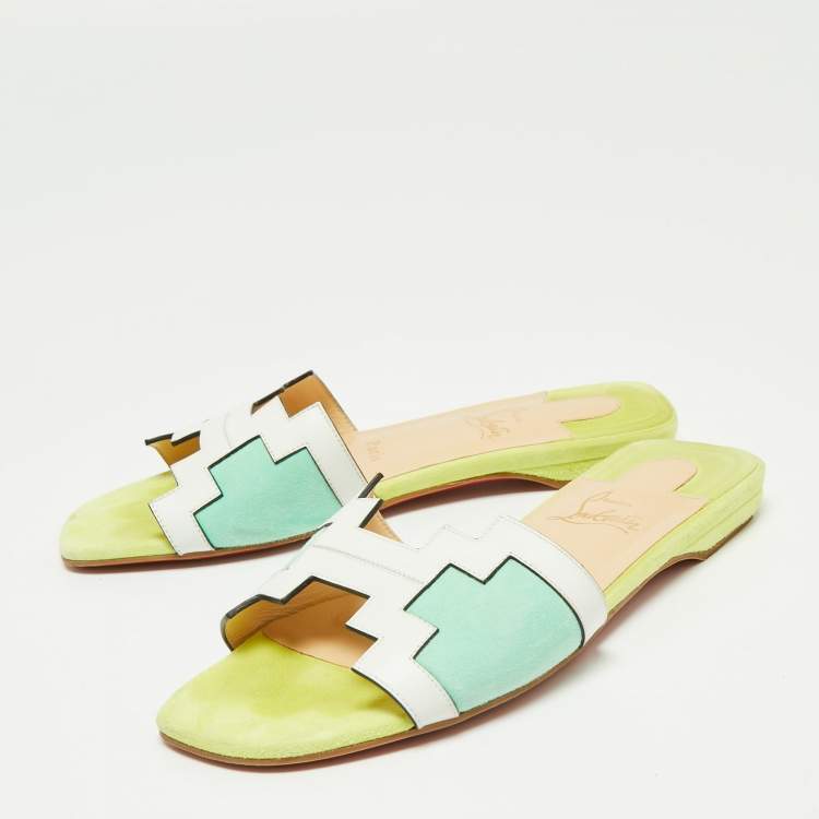 Pre Owned Christian Louboutin Tri Color Leather and Suede Hao Flat Slides Size 37