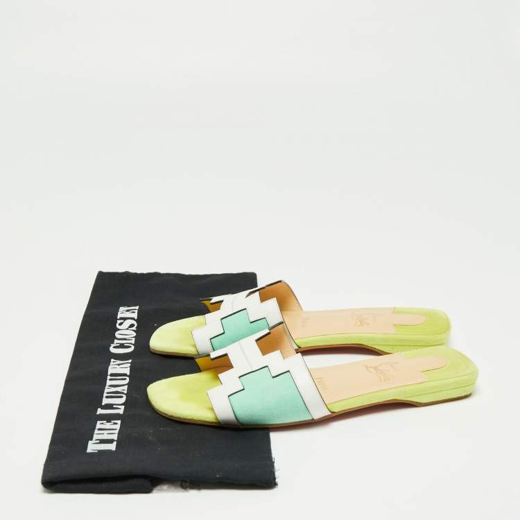 Pre Owned Christian Louboutin Tri Color Leather and Suede Hao Flat Slides Size 37